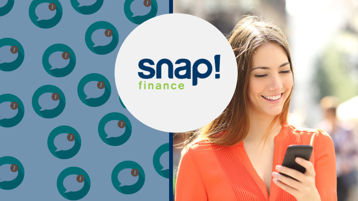 Webio Client Snap Finance logo with picture of woman holding a phone with SMS messaging icons beside her